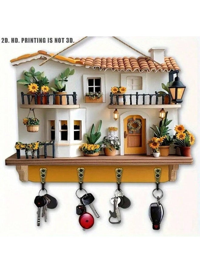 Decorative House Wall Key Holder with Hooks – Mini Cottage Design Wall Decor – Wooden-Style Key Rack with 4 Hooks – Entryway Organizer (2D Flat) - Image 1